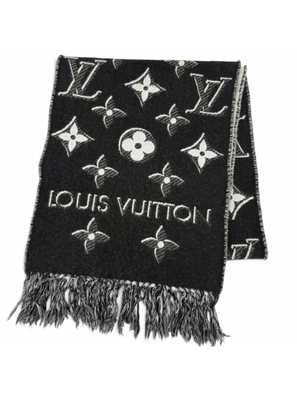 Louis Vuitton LV Essential Wool 100% Monogram Shine Fringe Scarf Black